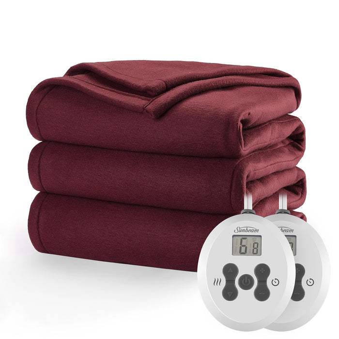 Sunbeam Royal Ultra Fleece Heated Electric Blanket King Size, 90" x 100", 12 Heat Settings, 12-Hour Selectable Auto Shut-Off, Fast Heating, Machine Washable, Warm and Cozy, Cabernet