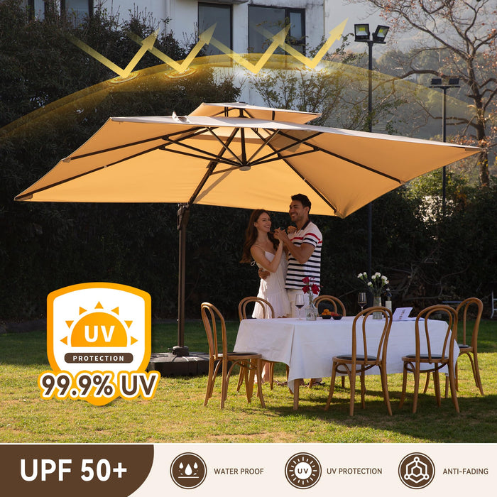 MEVBC 10 X 13 FT Cantilever Outdoor Patio Umbrella Rectangular Umbrellas with Led Lights Large Heavy Duty 360° Rotation Double Top Offset Umbrella for Outside Deck Backyard Garden Pool, Beige