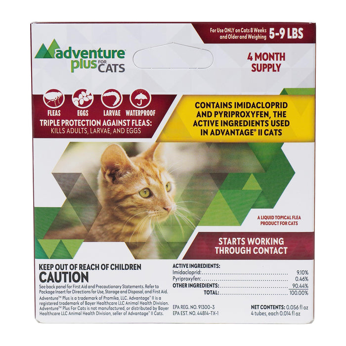 Adventure Plus Triple Flea Protection for Cats – Spot on Flea & Tick Prevention for Cats between 5-9lbs – 4 Doses