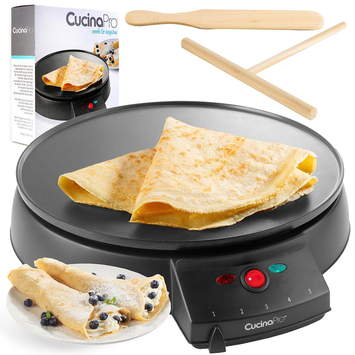 12" Griddle & Crepe Maker, Non-Stick Electric Crepe Pan w Batter Spreader & Recipe Guide- Dual Use for Blintzes Eggs Pancakes, Portable, Adjustable Temperature Settings - Holiday Breakfast or Dessert