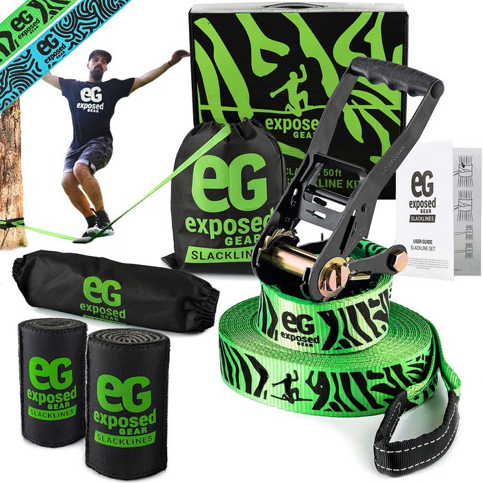 EG Exposed Gear Slackline Kit with Tree Protectors, High Grade Ratchet + Cover, Set Up Instruction Booklet and Carry Bag | Classic 60 ft Slack Line Set | Perfect Slackline for Kids and Adults